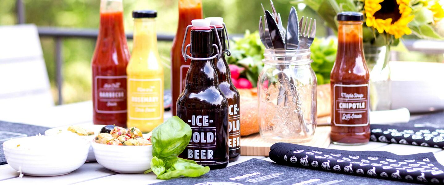 bottle beer at bbq party with selfmade label printed with white toner
