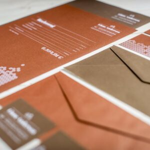 business cards, stationery and envelopes colorful design printed with ghost white toner