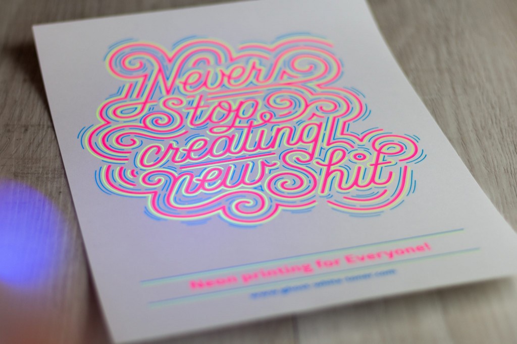 card lettering design printed with glow-in-the-dark neon toner