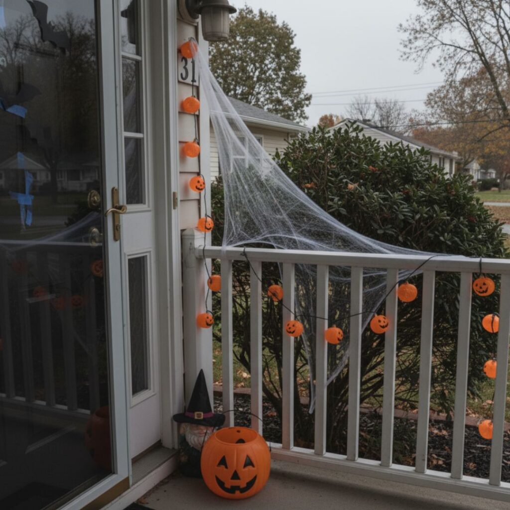 Halloween-Dekoration mit Spinnennetz und Kürbis auf einer Veranda